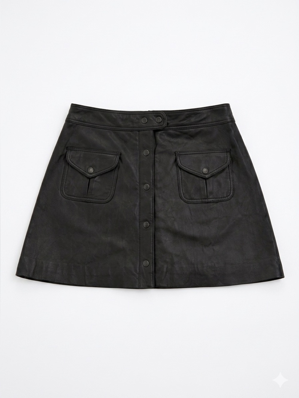 Boston Proper Black Leather Mini Skirt A Line Snap Front Size L - Picture 2 of 8